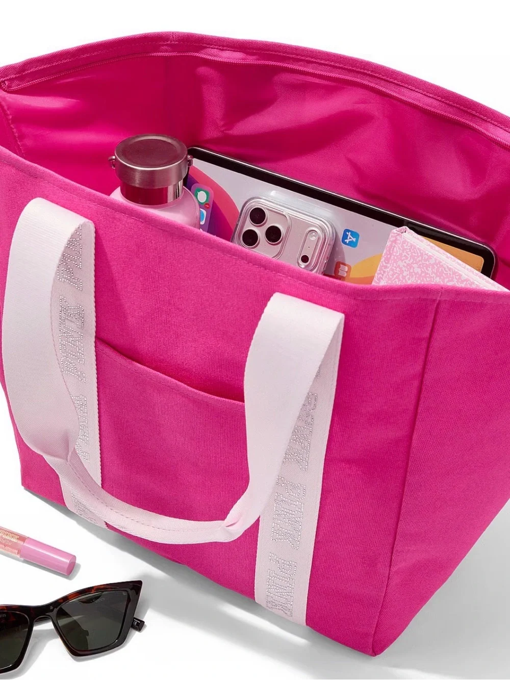PINK Victoria's Secret Hot Pink Canvas Tote Bag with White Logo Straps NWT